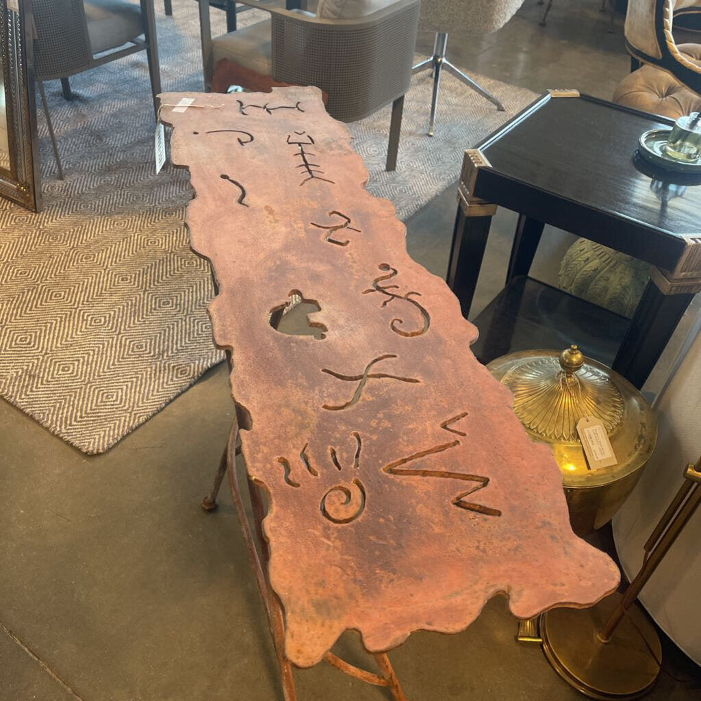 Rusted Metal Narrow Console W/ SW Cut Outs- 40X11.5X34H