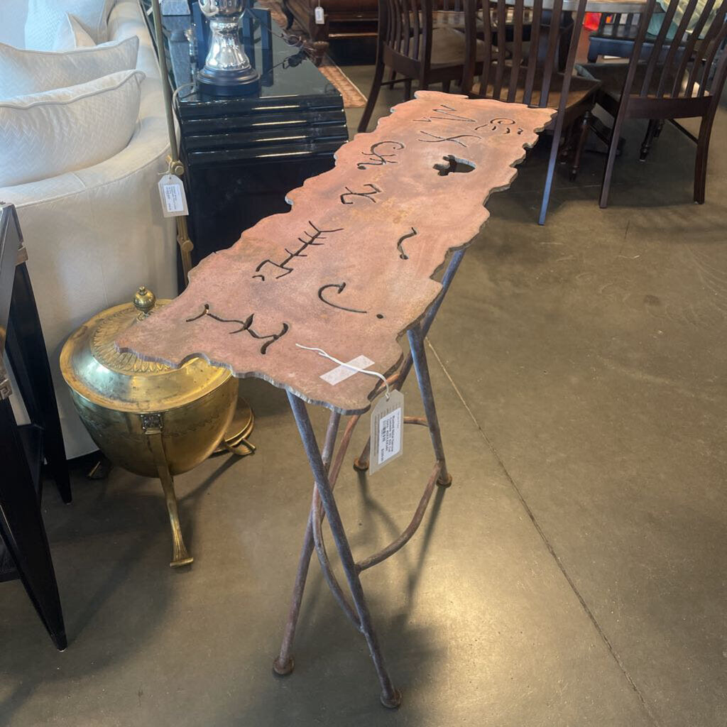 Rusted Metal Narrow Console W/ SW Cut Outs- 40X11.5X34H