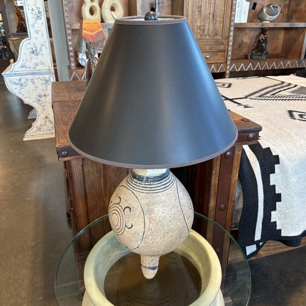 White Washed Lamp W/ Black Design & Shade- 18X30.5