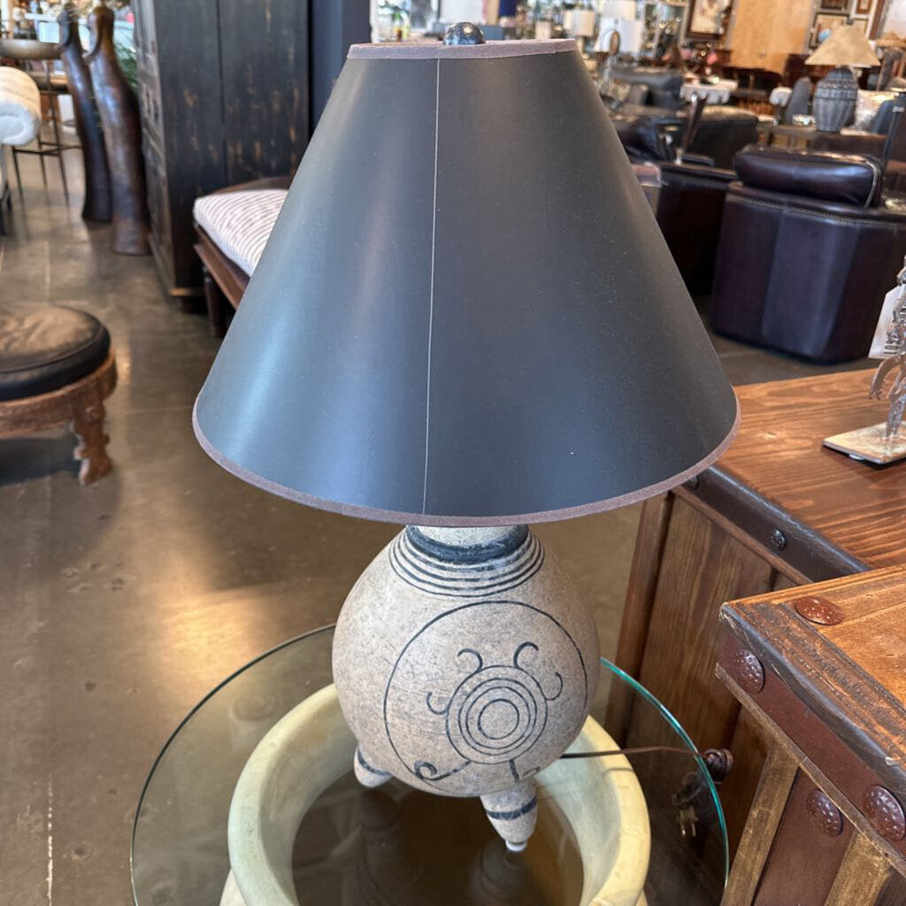 White Washed Lamp W/ Black Design & Shade- 18X30.5