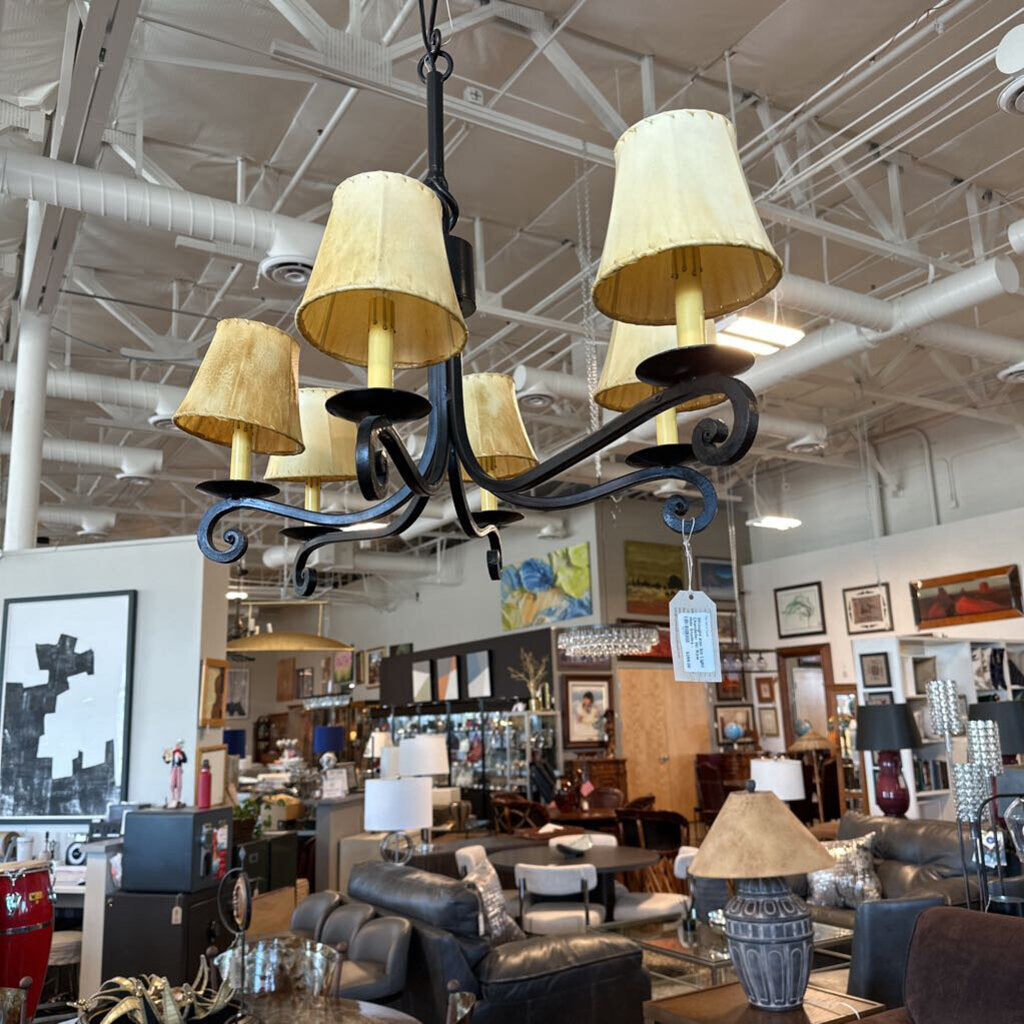Wrought Iron Six Light Chandelier W/ Rawhide Shades - 31X15X24H