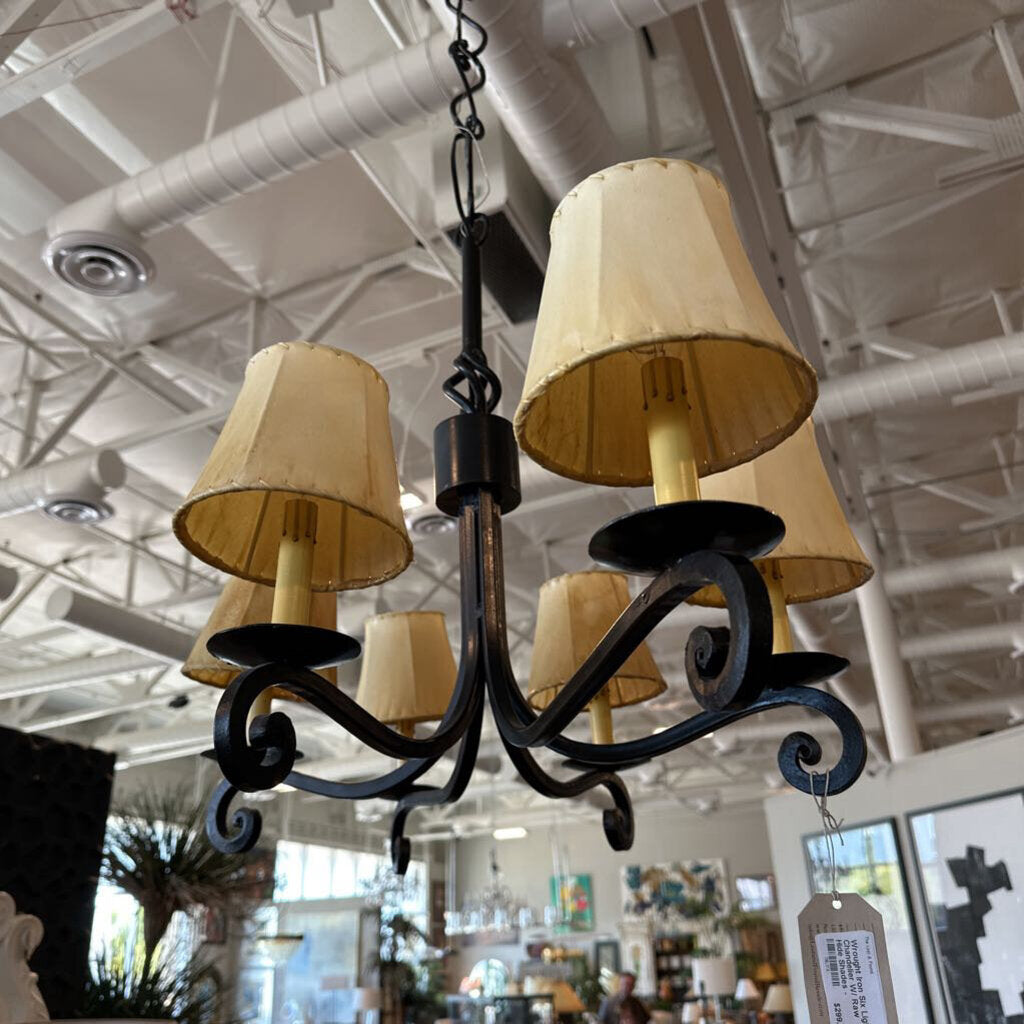 Wrought Iron Six Light Chandelier W/ Rawhide Shades - 31X15X24H