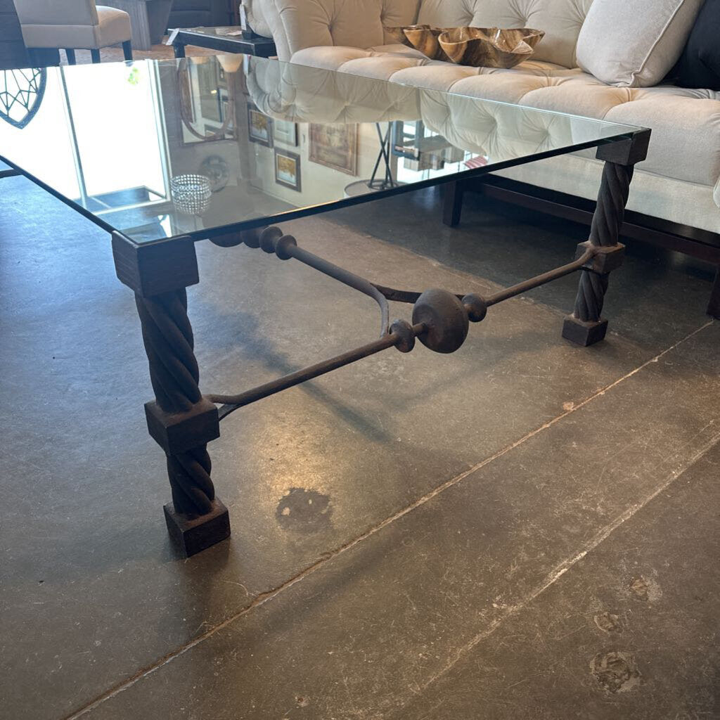 Wrought Iron Rectangular Coffee Table W/ Glass Top - 59.5X41.5X18.5H