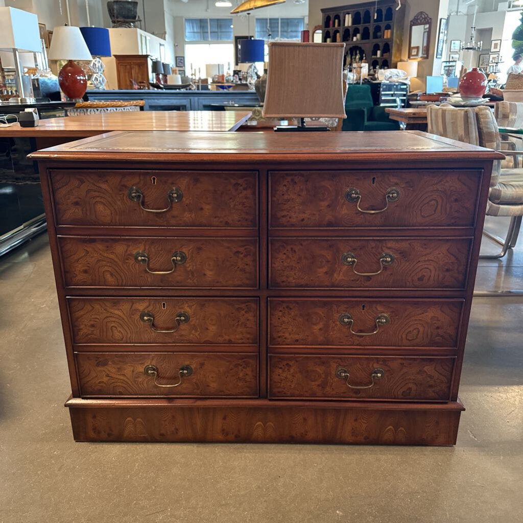 Vintage Burled Wood 4 Drawer Filing Cabinet W/ Leather-41X24.5X30H (Keys)