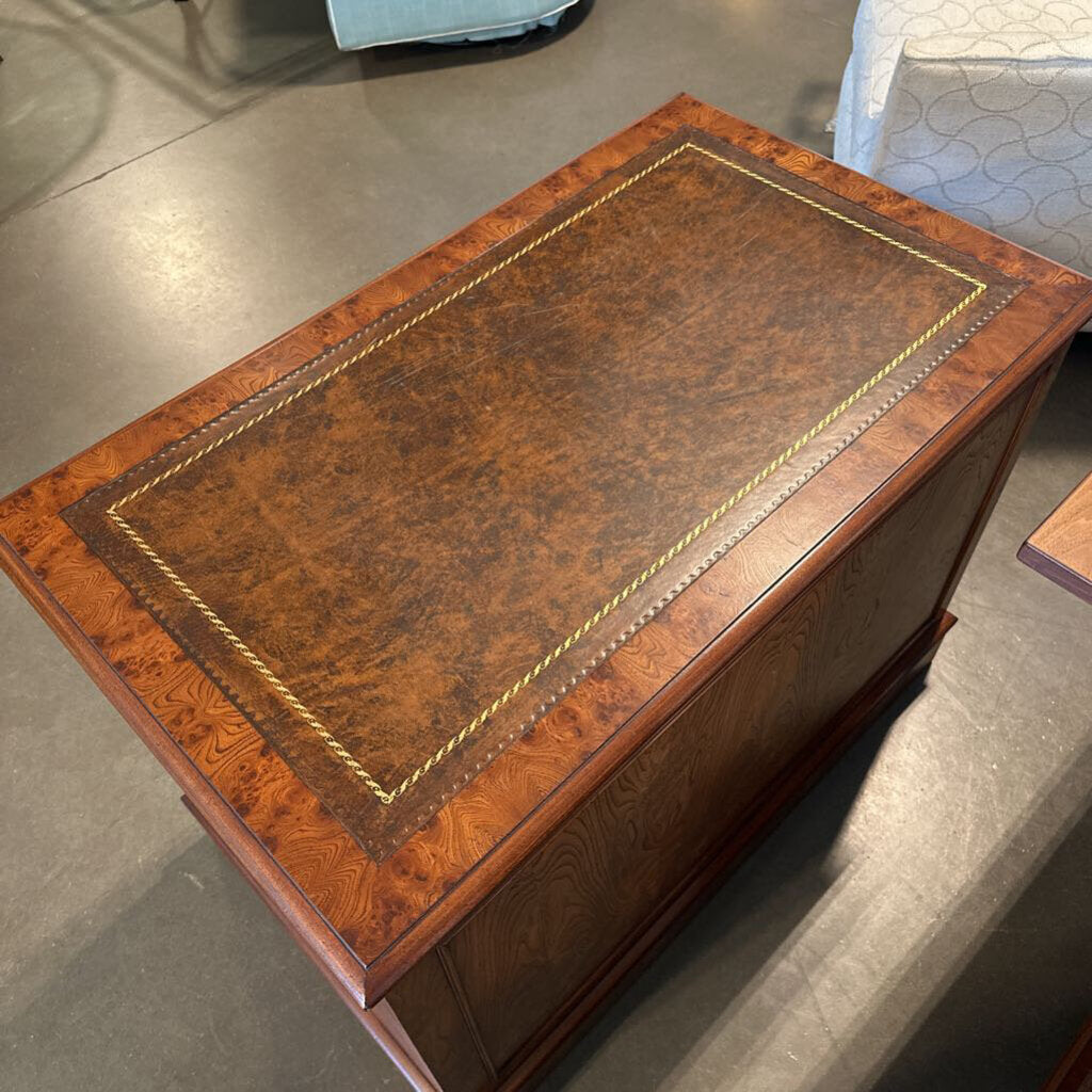 Vintage Burled Wood 4 Drawer Filing Cabinet W/ Leather-41X24.5X30H (Keys)