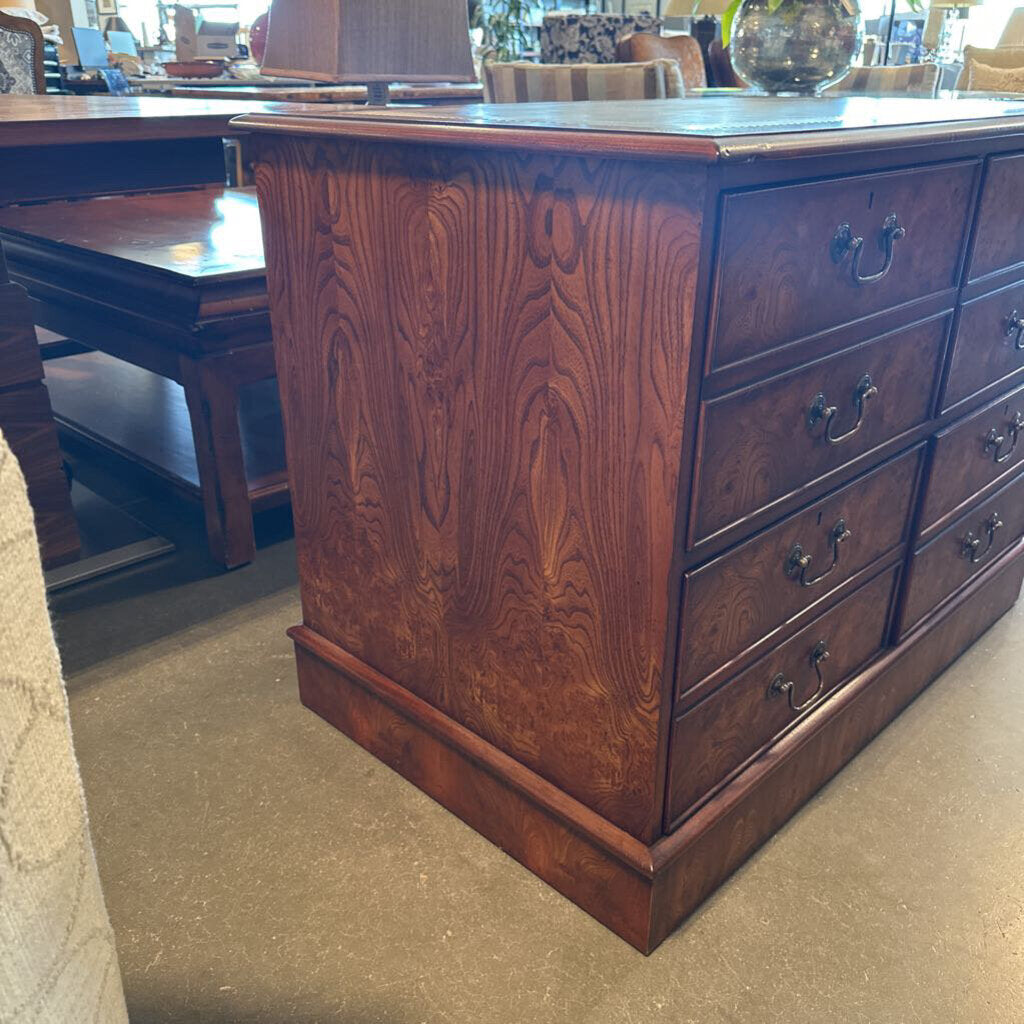 Vintage Burled Wood 4 Drawer Filing Cabinet W/ Leather-41X24.5X30H (Keys)