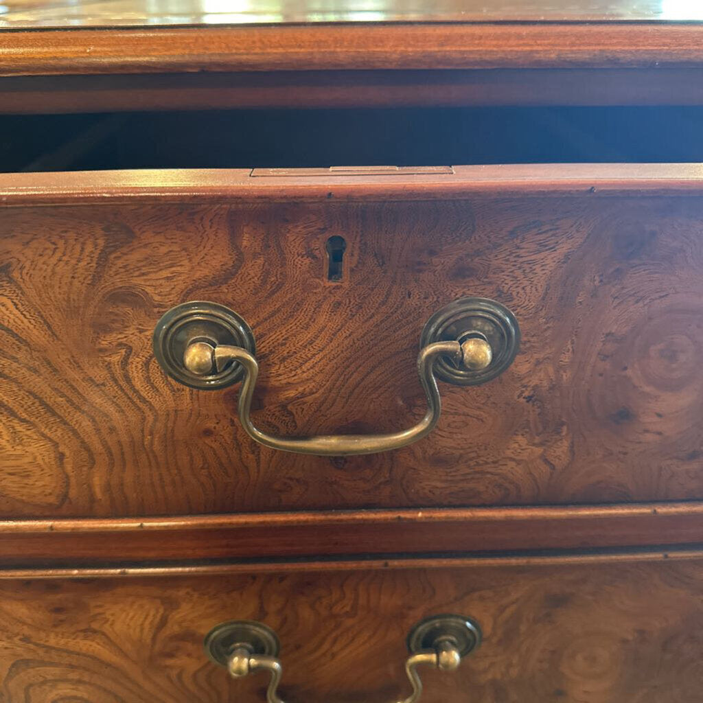 Vintage Burled Wood 4 Drawer Filing Cabinet W/ Leather-41X24.5X30H (Keys)