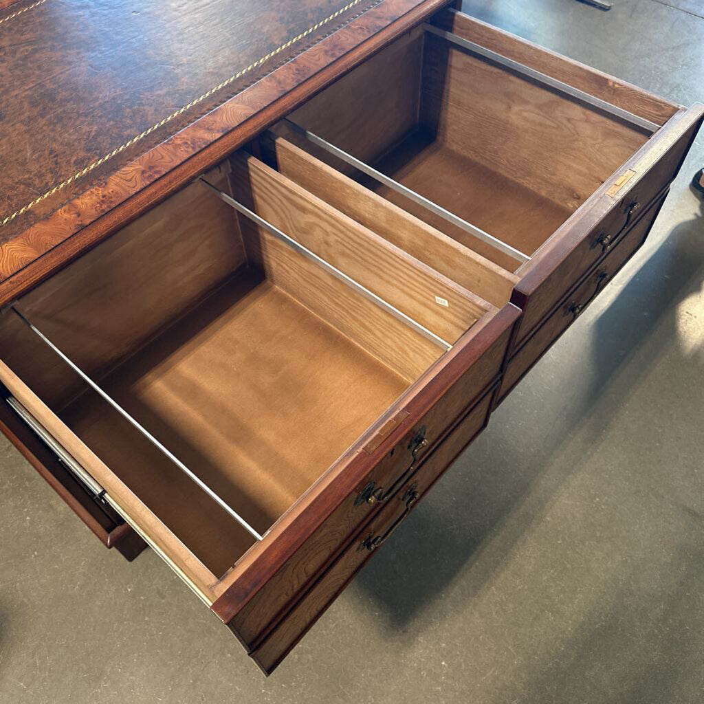 Vintage Burled Wood 4 Drawer Filing Cabinet W/ Leather-41X24.5X30H (Keys)