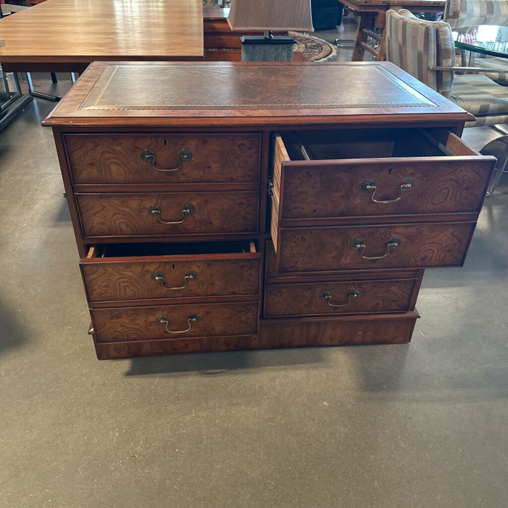 Vintage Burled Wood 4 Drawer Filing Cabinet W/ Leather-41X24.5X30H (Keys)