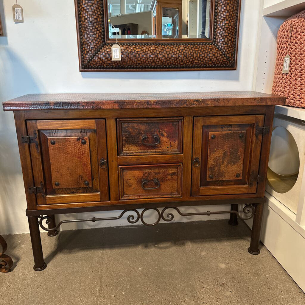 Copper & Wood 2 Door 3 Drawer Console W/ Iron Base-53X16X36
