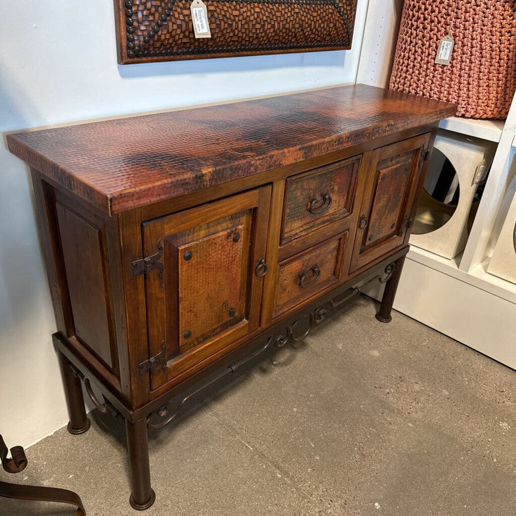 Copper & Wood 2 Door 3 Drawer Console W/ Iron Base-53X16X36