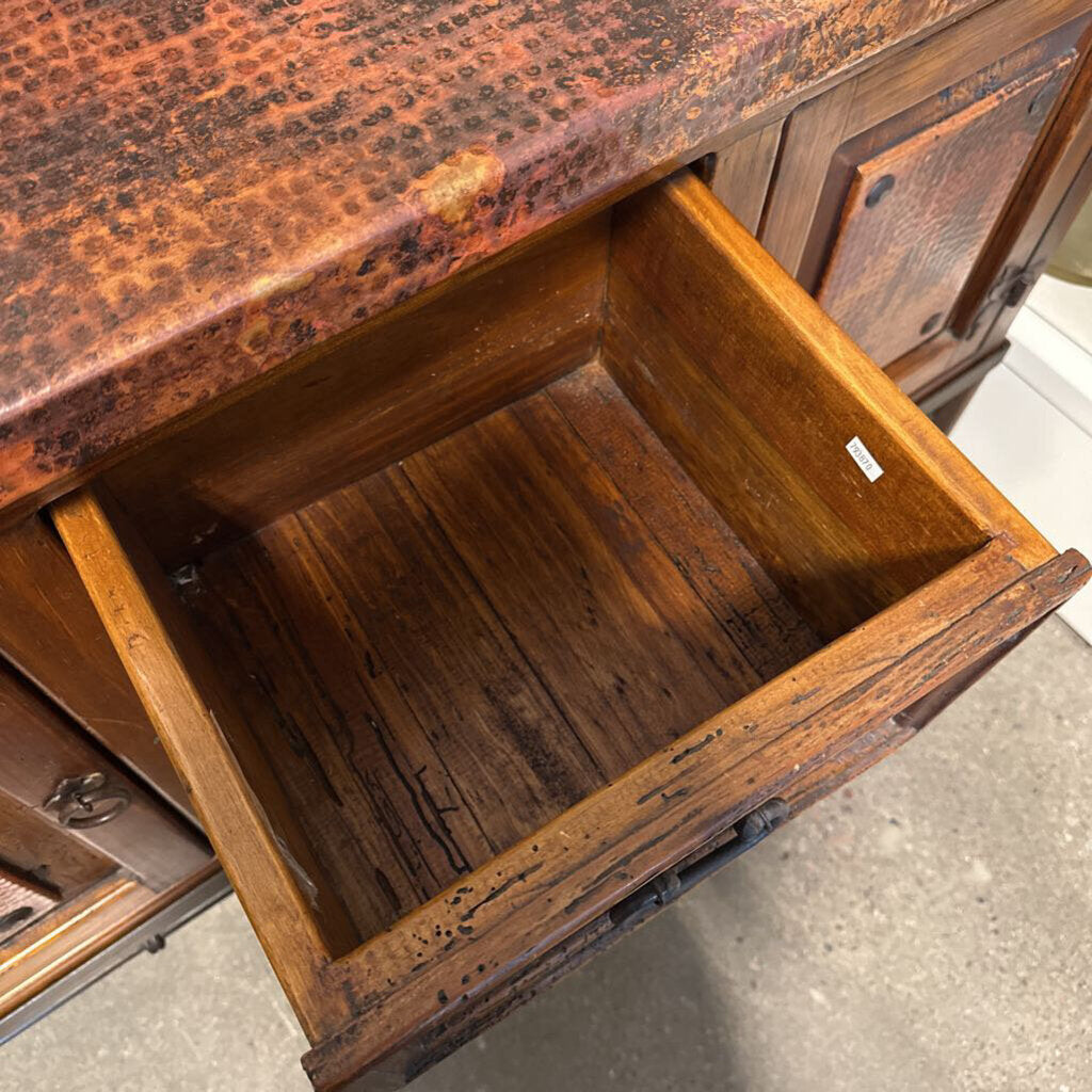 Copper & Wood 2 Door 3 Drawer Console W/ Iron Base-53X16X36