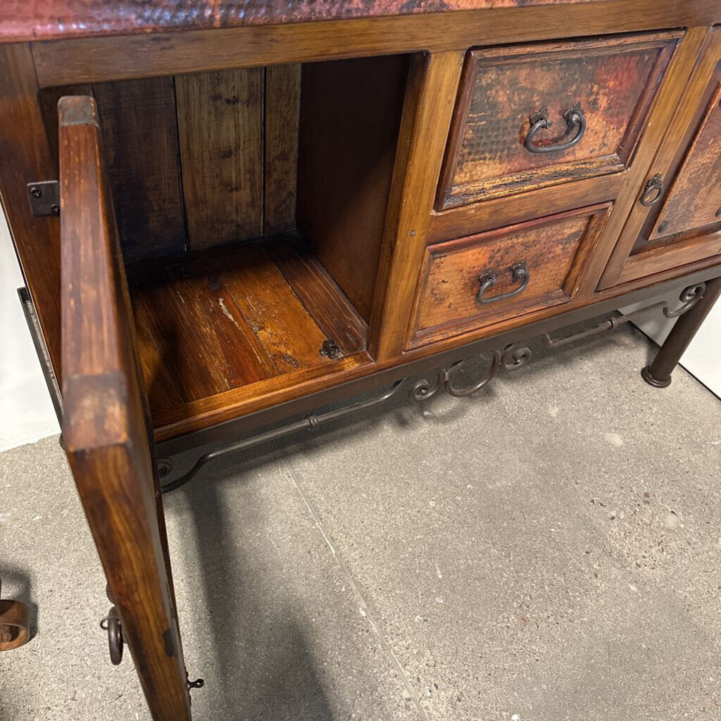 Copper & Wood 2 Door 3 Drawer Console W/ Iron Base-53X16X36