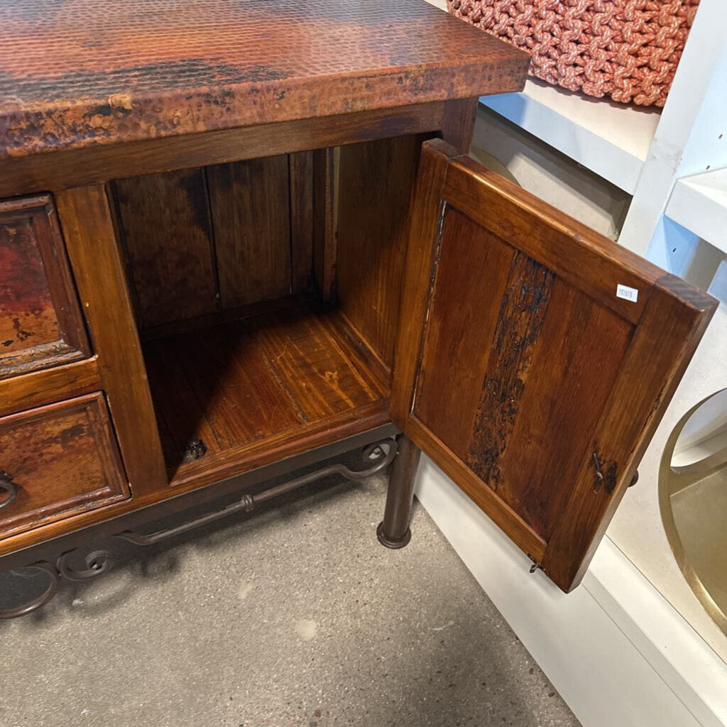 Copper & Wood 2 Door 3 Drawer Console W/ Iron Base-53X16X36