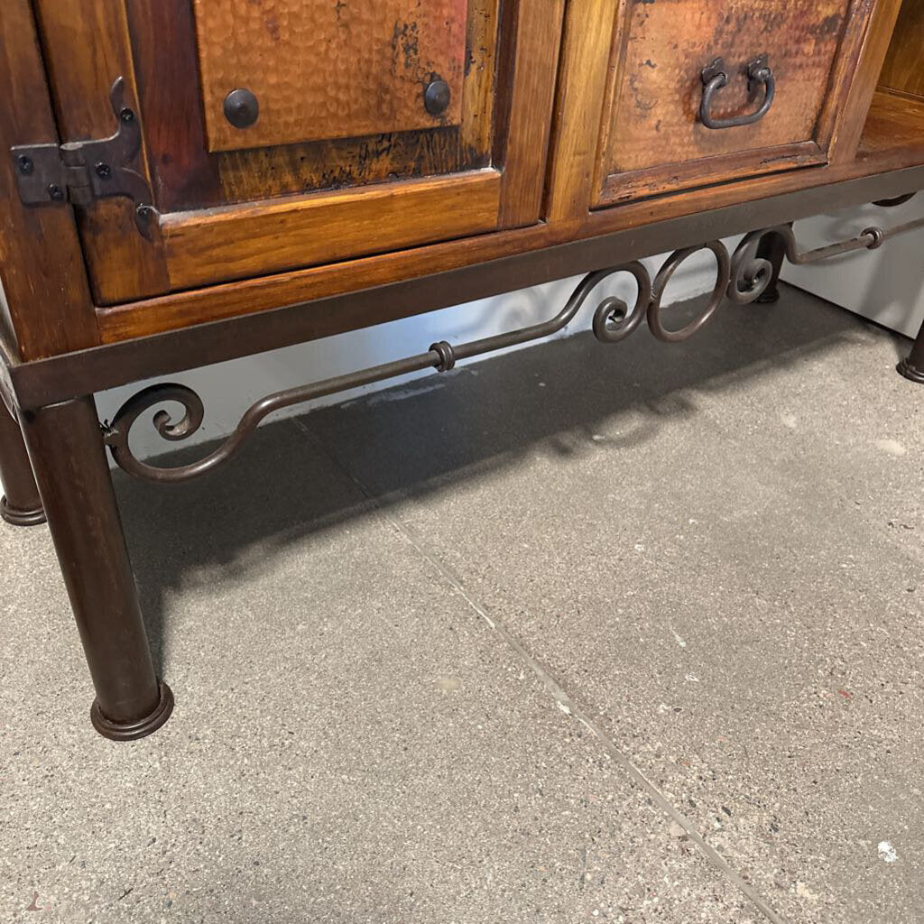 Copper & Wood 2 Door 3 Drawer Console W/ Iron Base-53X16X36