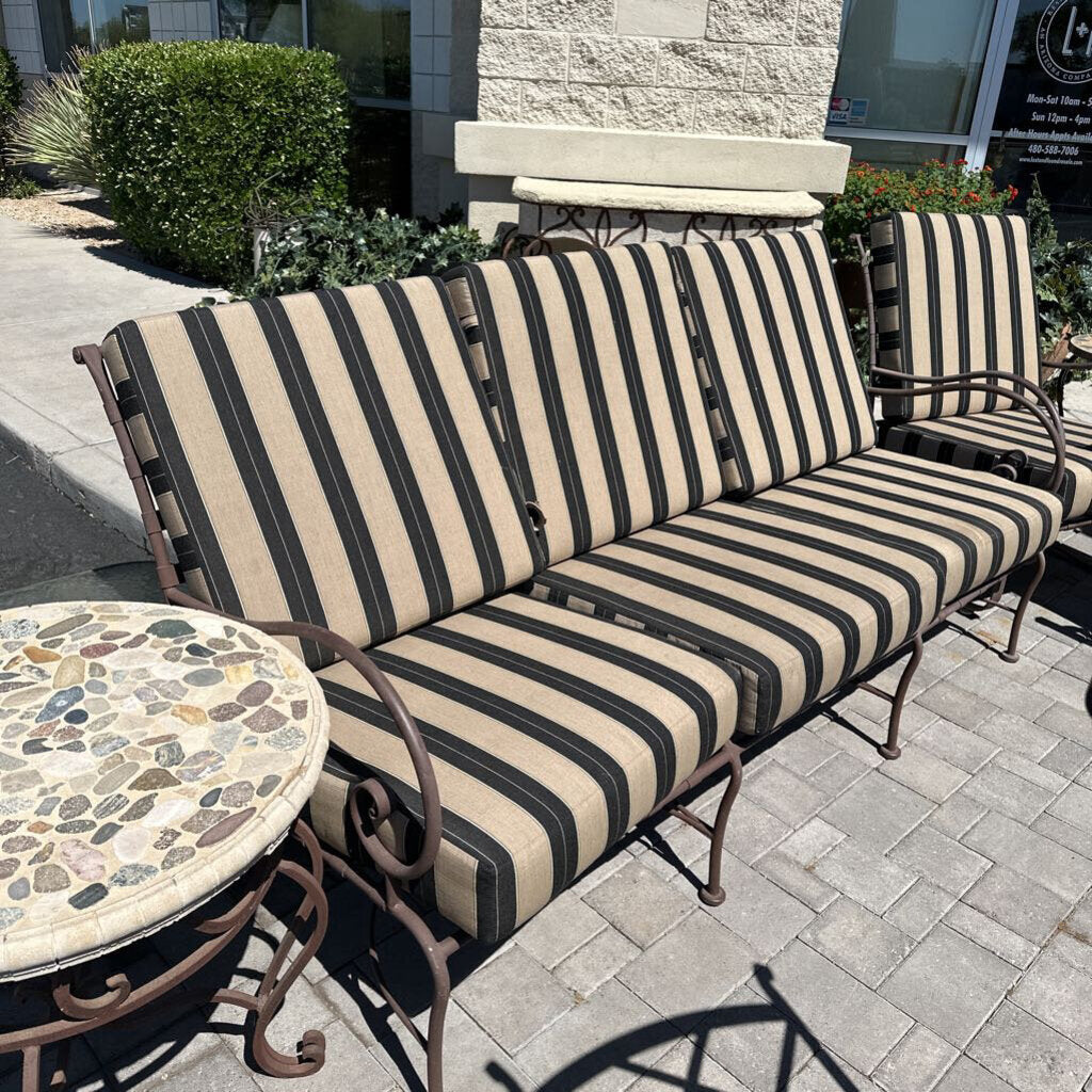 OW Lee Iron Patio Sofa W/ Black & Tan Cushions-