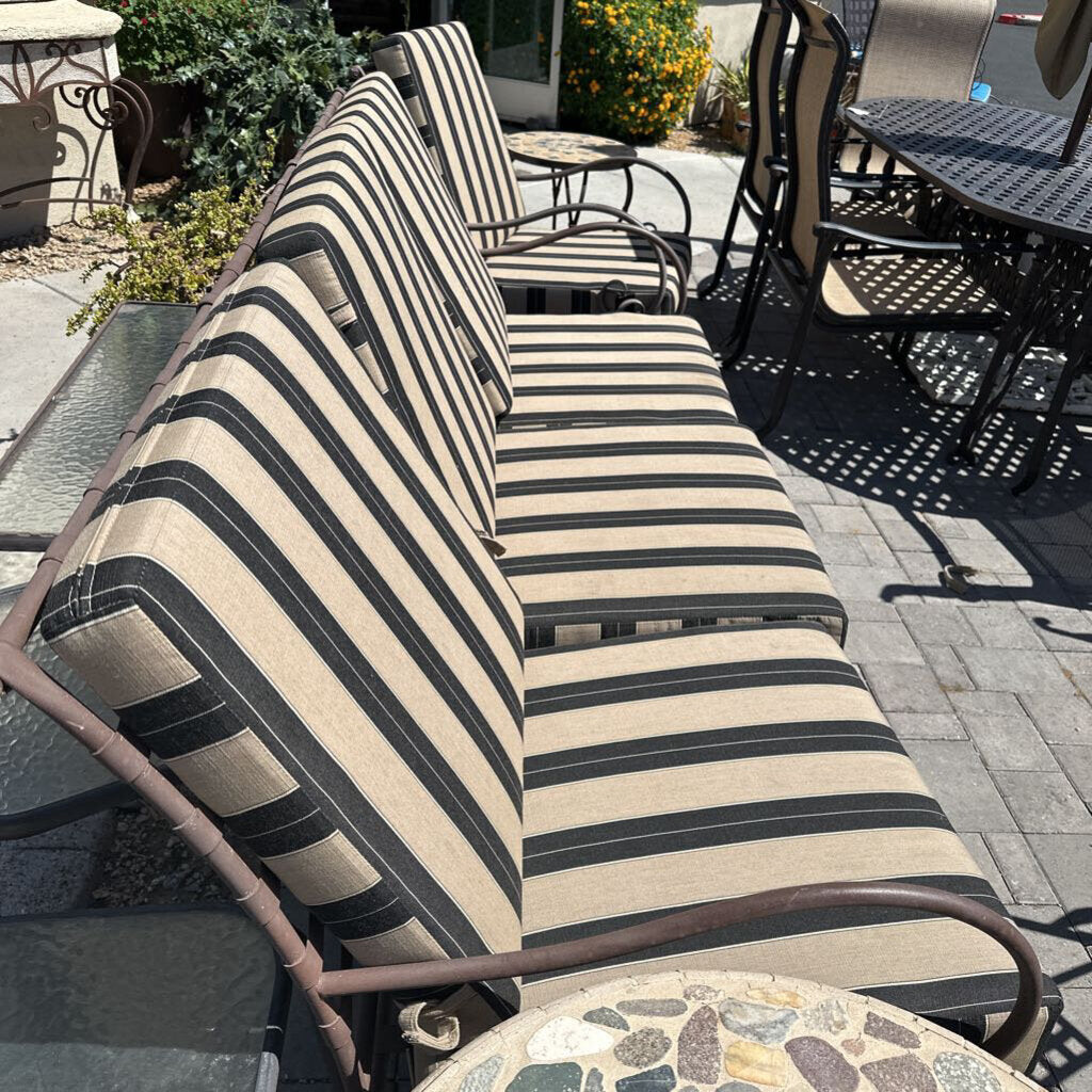 OW Lee Iron Patio Sofa W/ Black & Tan Cushions-