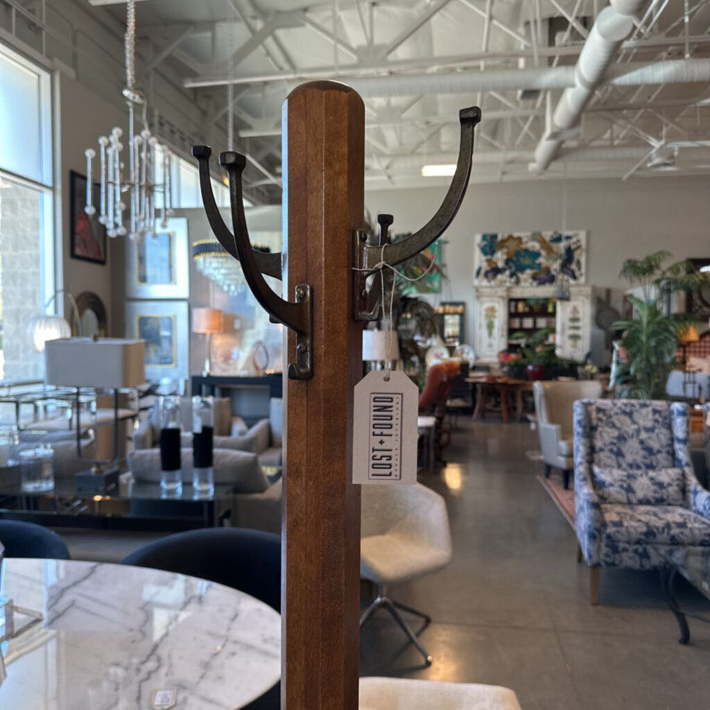 Vintage Wood Coat Rack W/ Brass Hooks- 21X21X68.5H