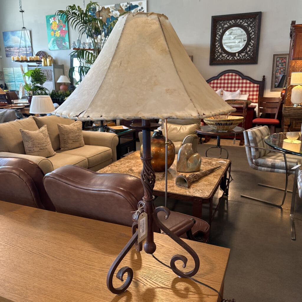Wrought Iron Lamp W/ Rawhide Shade - 27X31