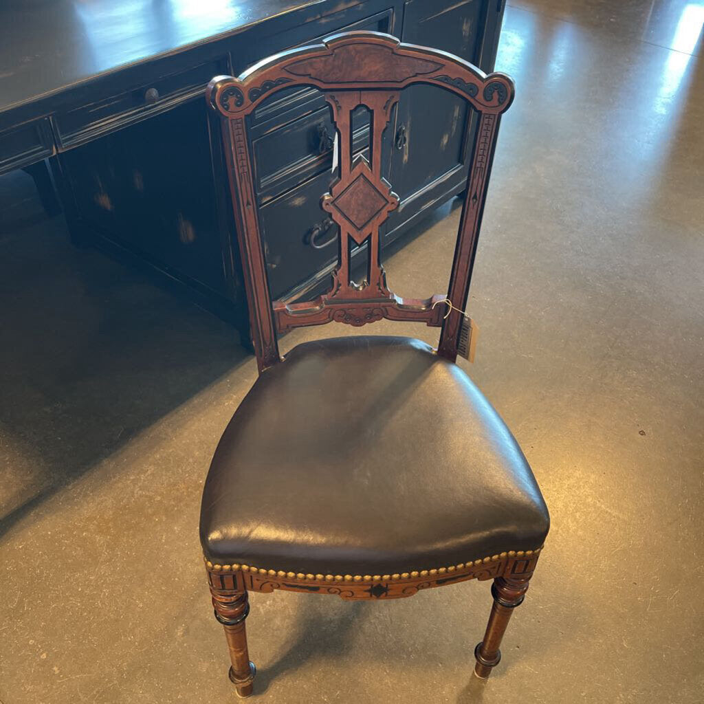 Antique Wood Desk Chair W/ Leather Seat- 16X18X35