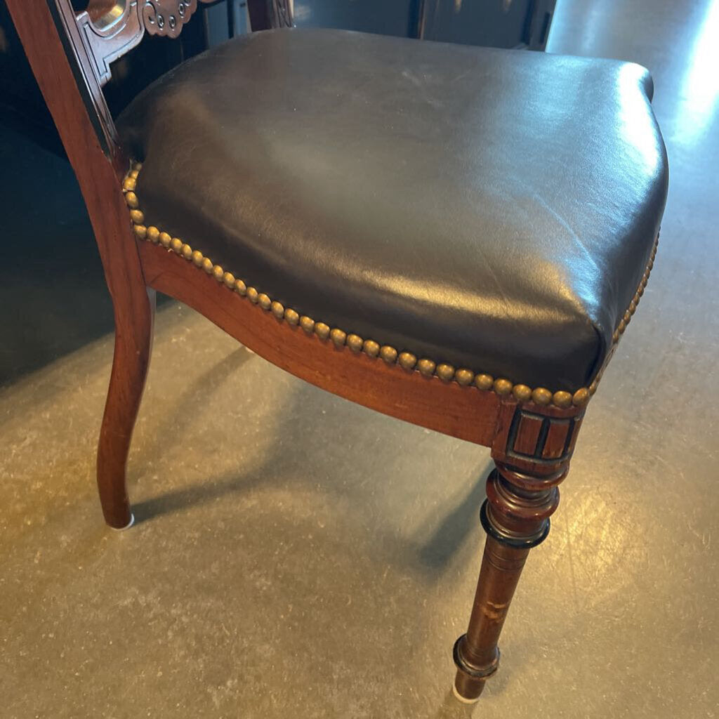 Antique Wood Desk Chair W/ Leather Seat- 16X18X35