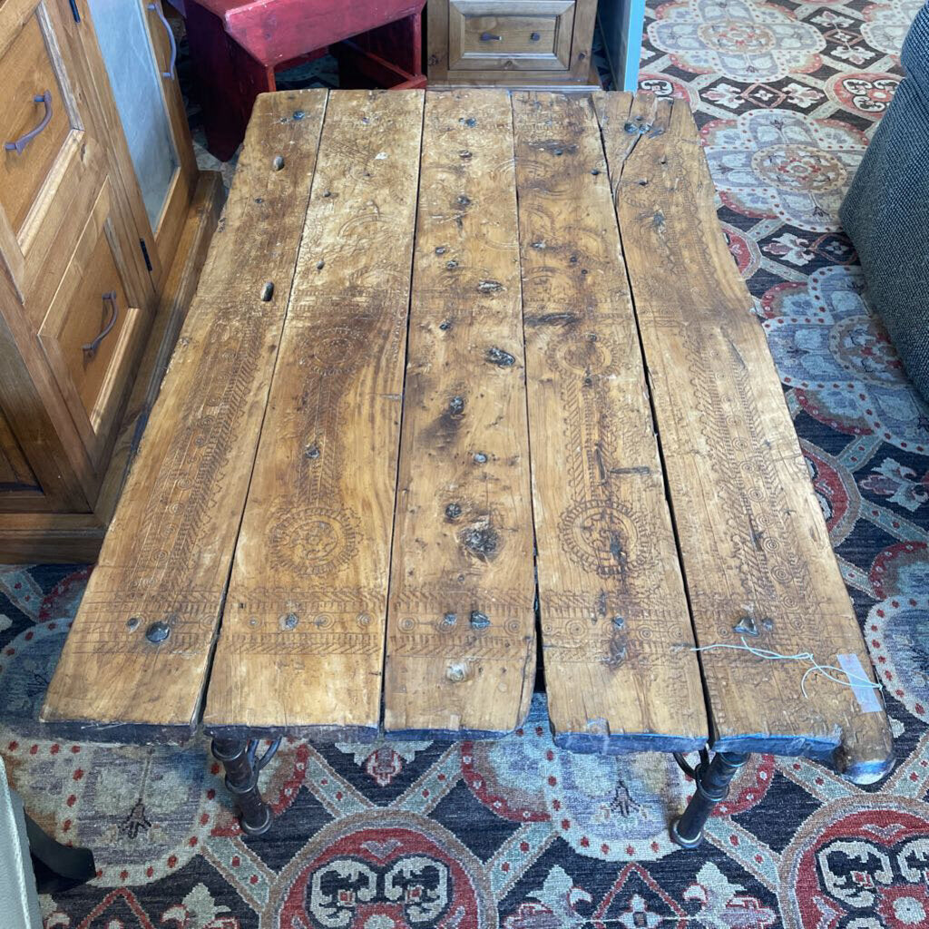 Rustic Wood Plank Coffee Table On Iron Base - 48X30X16