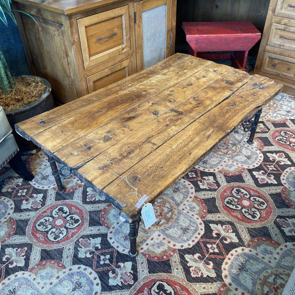 Rustic Wood Plank Coffee Table On Iron Base - 48X30X16