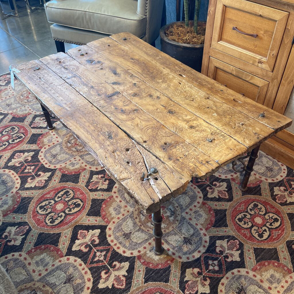 Rustic Wood Plank Coffee Table On Iron Base - 48X30X16