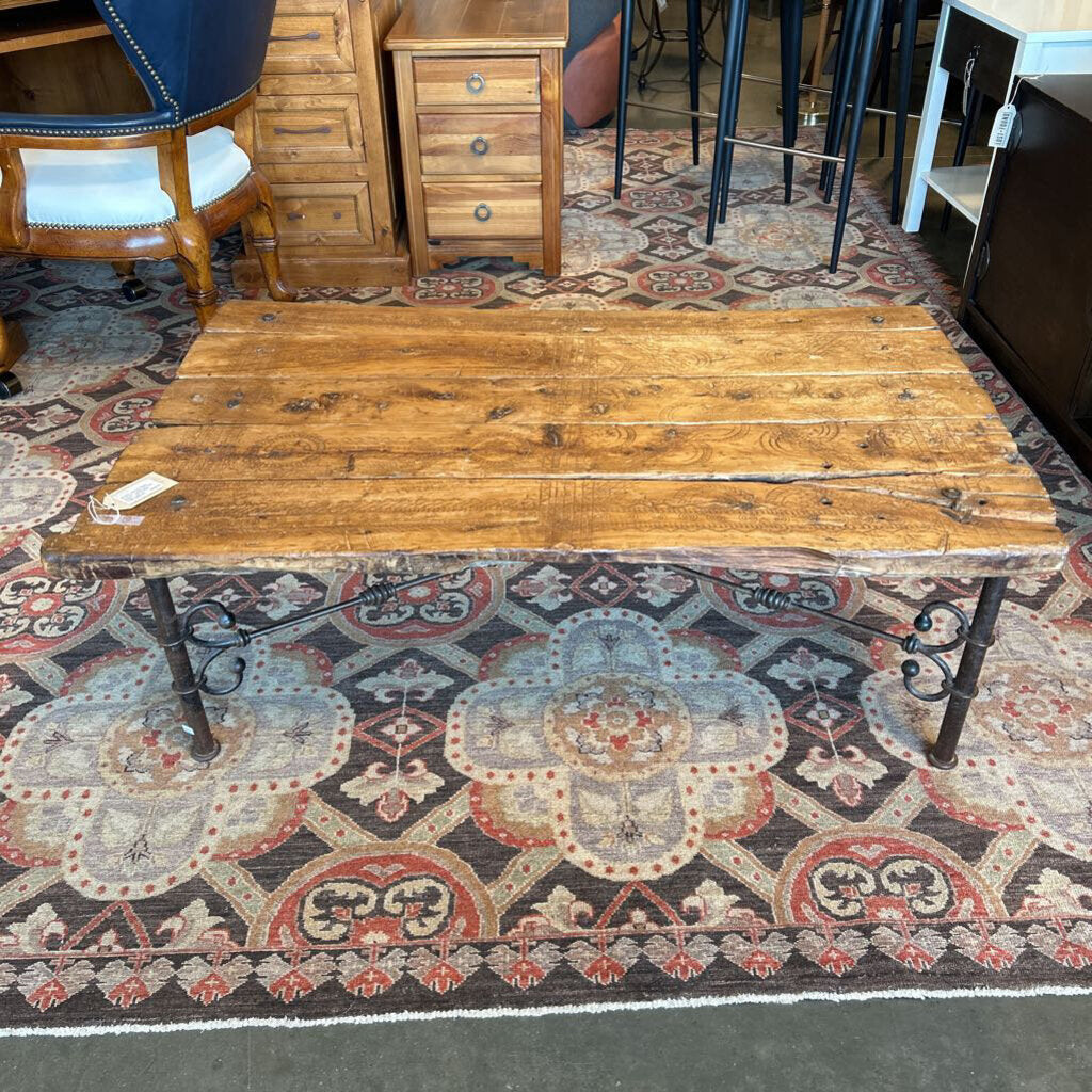 Rustic Wood Plank Coffee Table On Iron Base - 48X30X16
