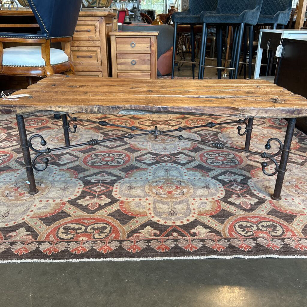 Rustic Wood Plank Coffee Table On Iron Base - 48X30X16