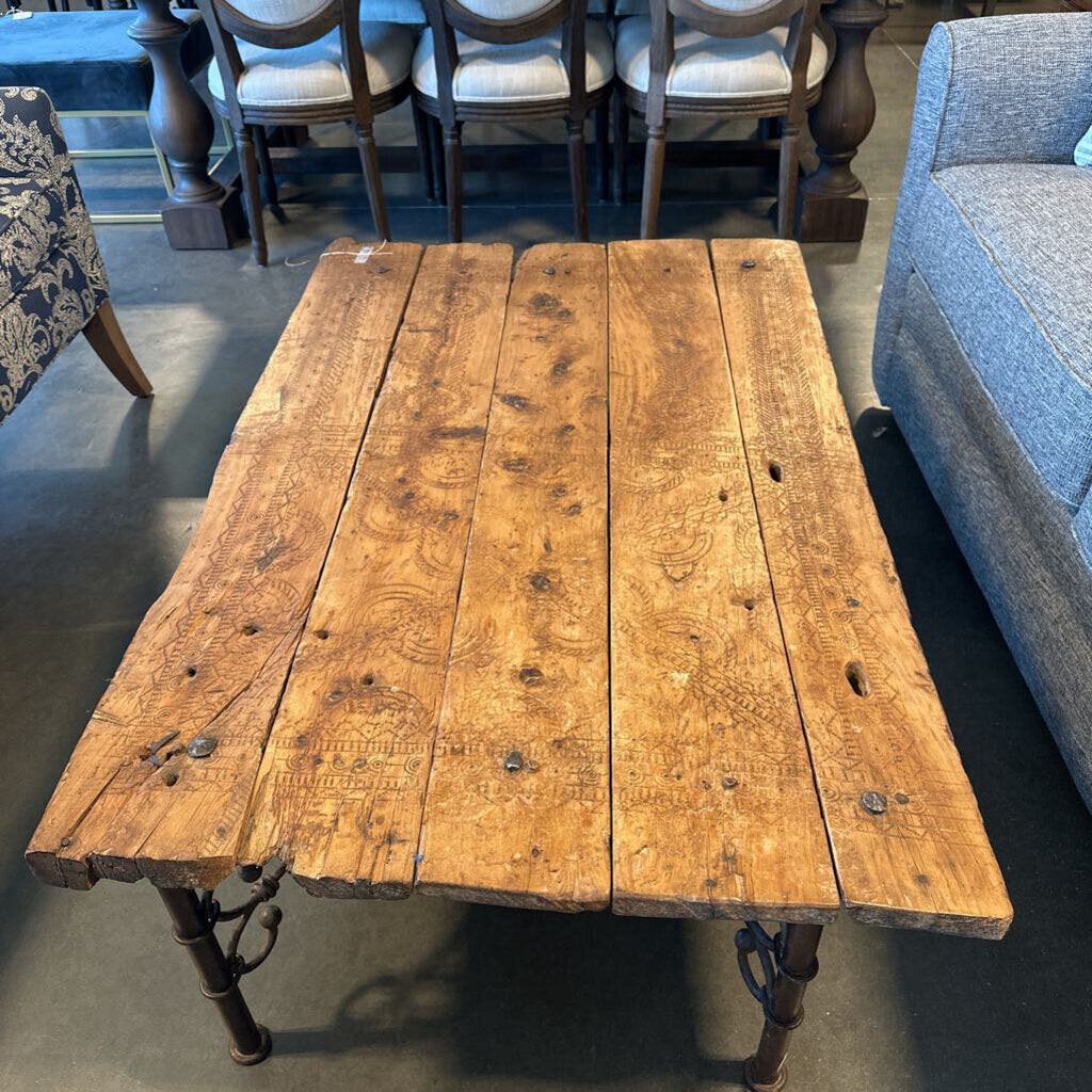 Rustic Wood Plank Coffee Table On Iron Base - 48X30X16