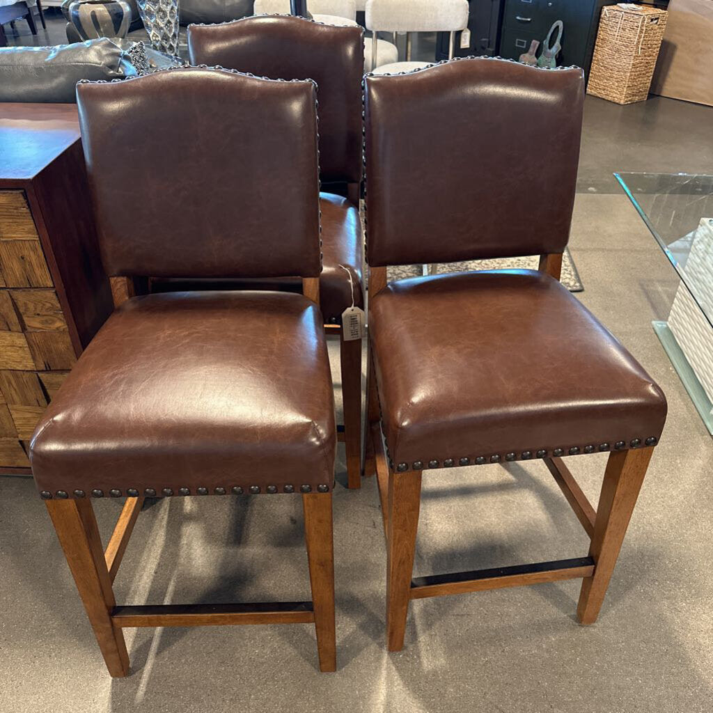 Brown Leather Counter Stools- Set of 3 - 17X18X40H