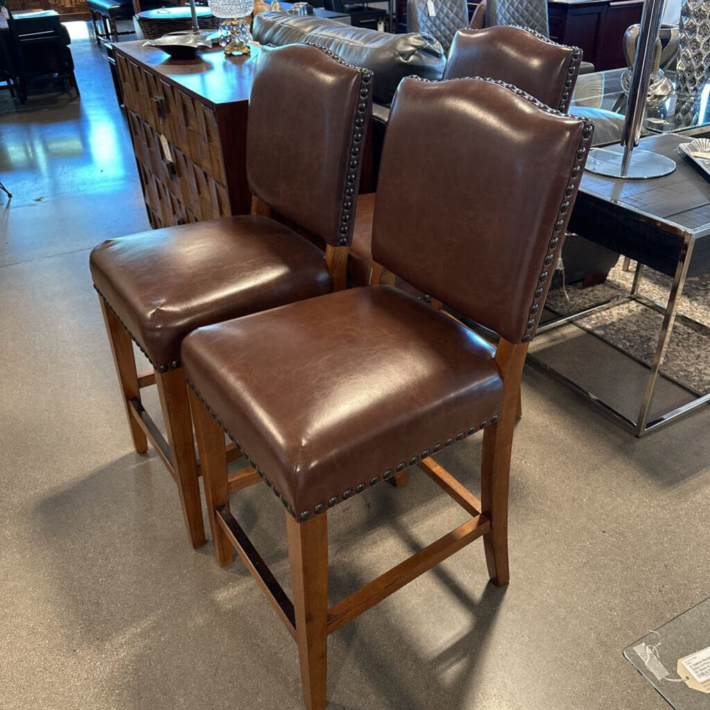 Brown Leather Counter Stools- Set of 3 - 17X18X40H