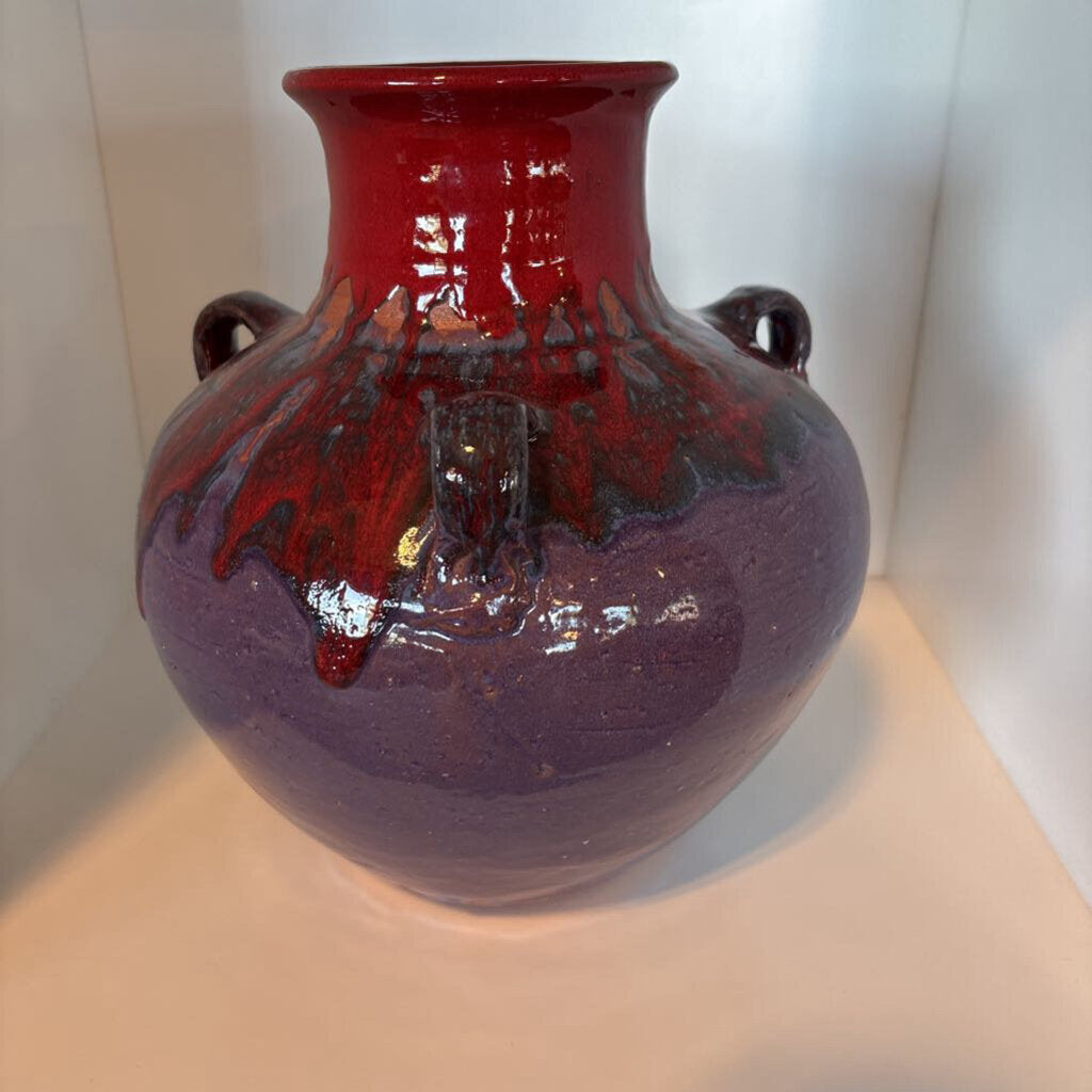Red & Purple Glazed Vase W/ Handles- 9x10.5