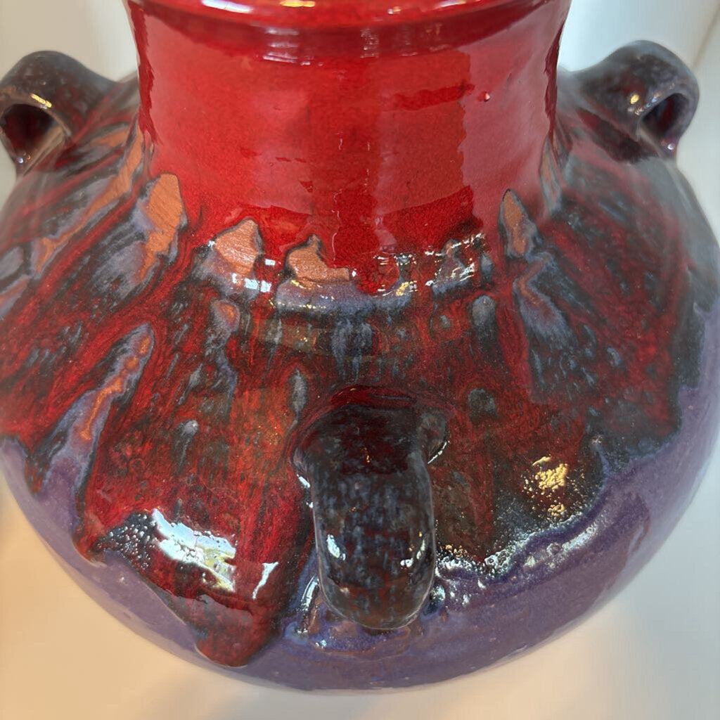 Red & Purple Glazed Vase W/ Handles- 9x10.5