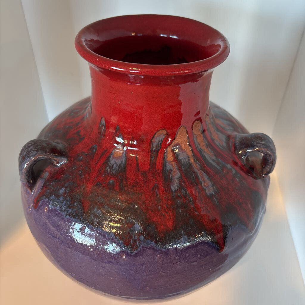 Red & Purple Glazed Vase W/ Handles- 9x10.5