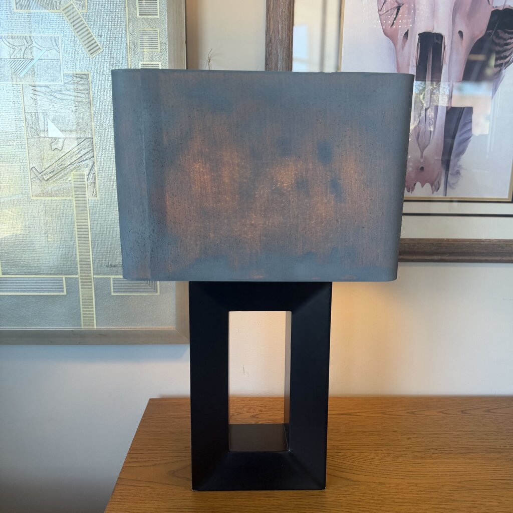Open Wood Lamp W/ Grey Rectangular Shade- 15X11X27.5H