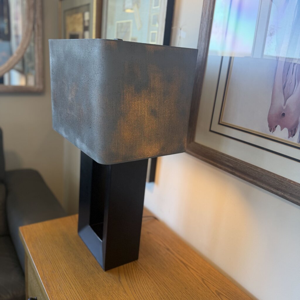 Open Wood Lamp W/ Grey Rectangular Shade- 15X11X27.5H