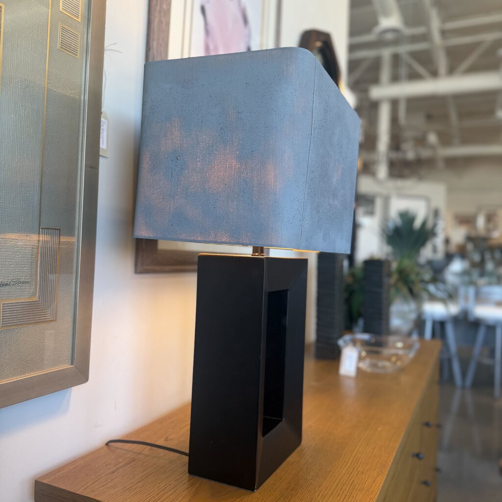 Open Wood Lamp W/ Grey Rectangular Shade- 15X11X27.5H