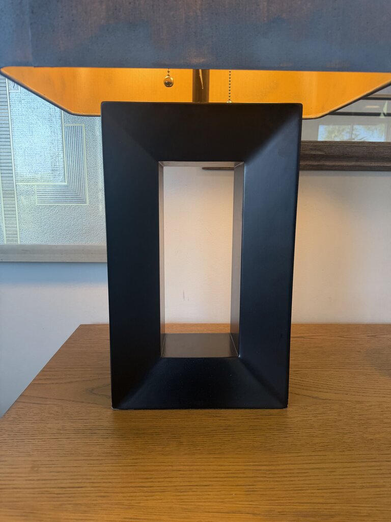 Open Wood Lamp W/ Grey Rectangular Shade- 15X11X27.5H