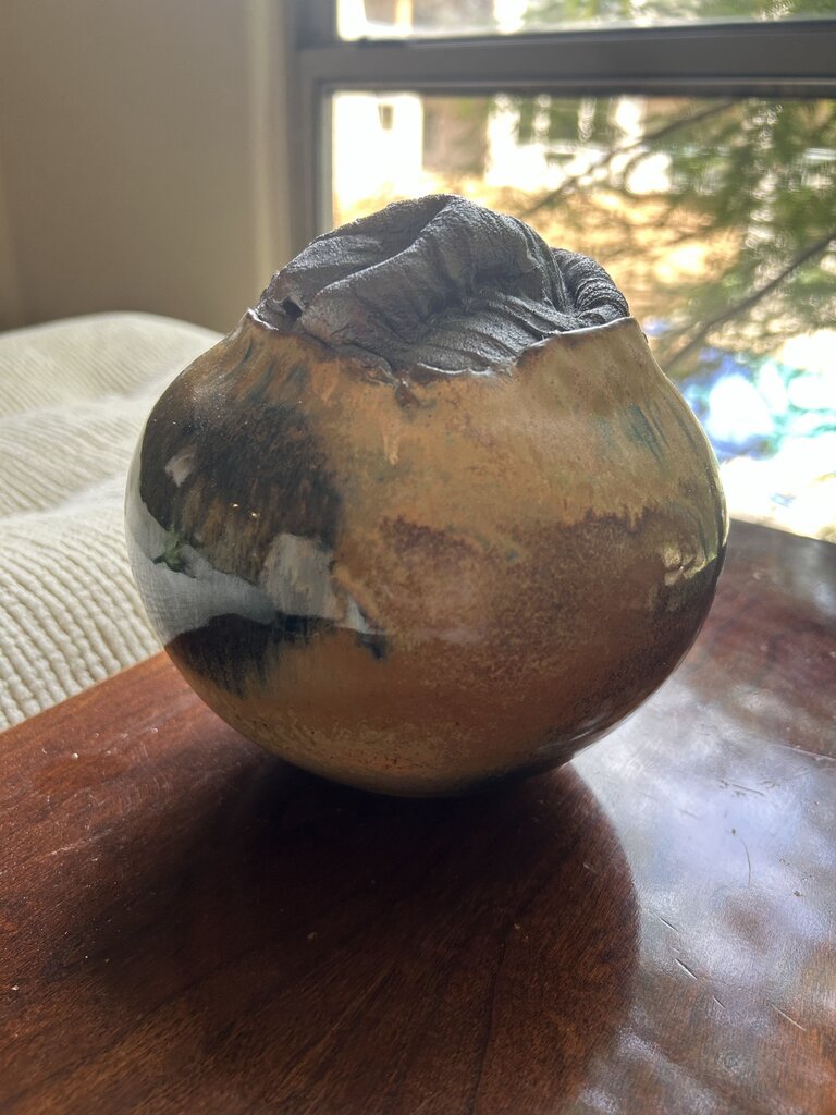 Original Glazed Pottery W/ Abstract Grey Top Signed "K"- 6X7