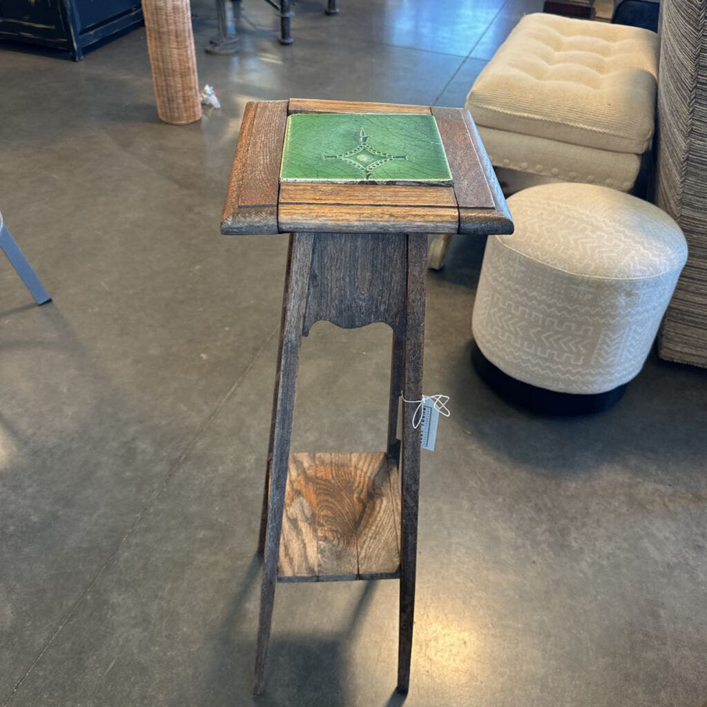 Vintage Wood Stand W/ Tile Top- 10X10X36.5H