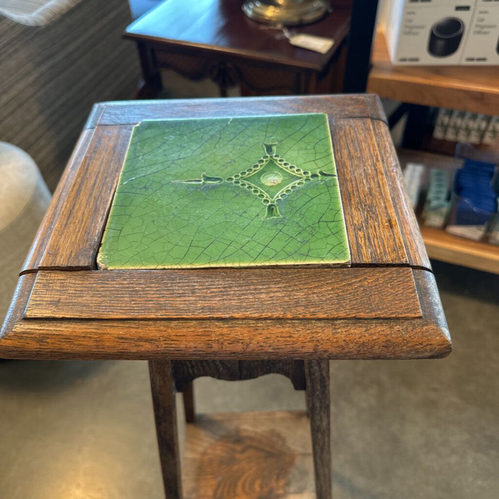 Vintage Wood Stand W/ Tile Top- 10X10X36.5H
