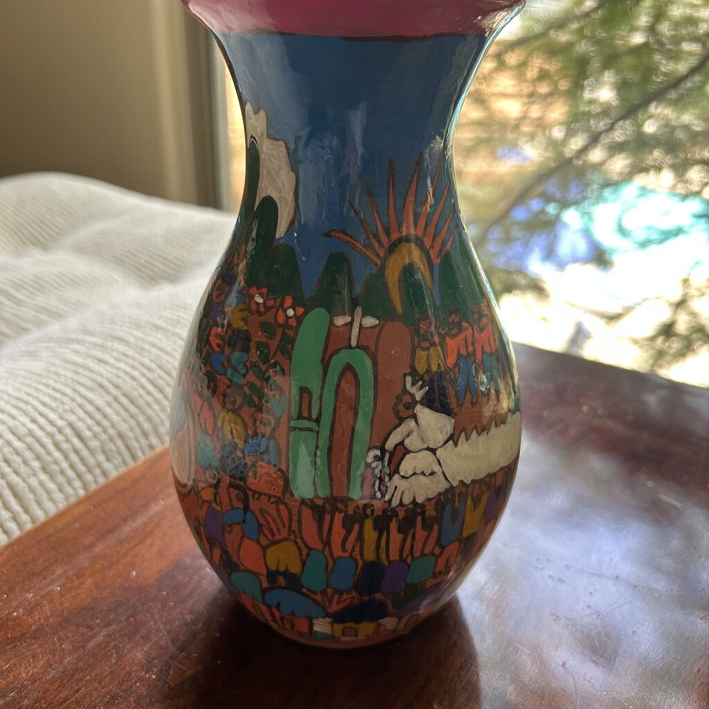 Mexican Glazed Vase W/ Wood Flowers- 4.5X13H