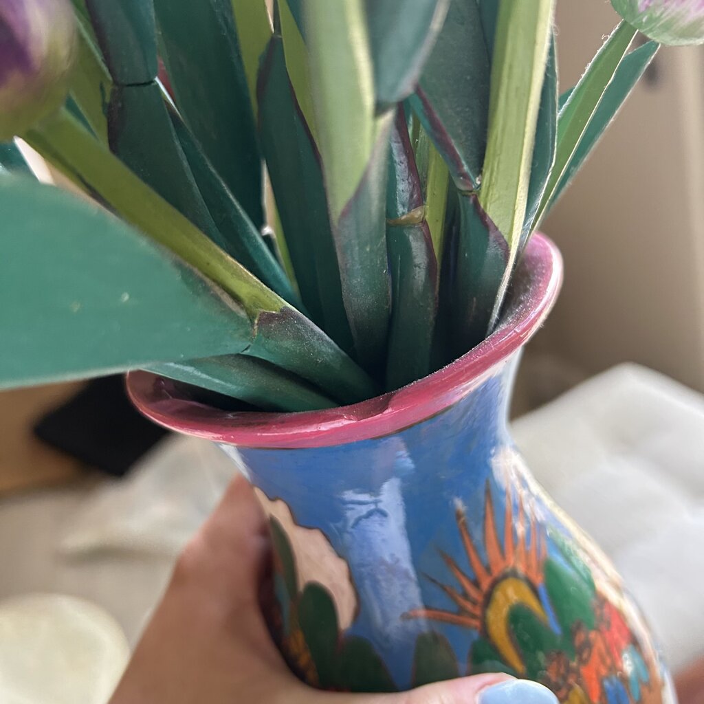 Mexican Glazed Vase W/ Wood Flowers- 4.5X13H