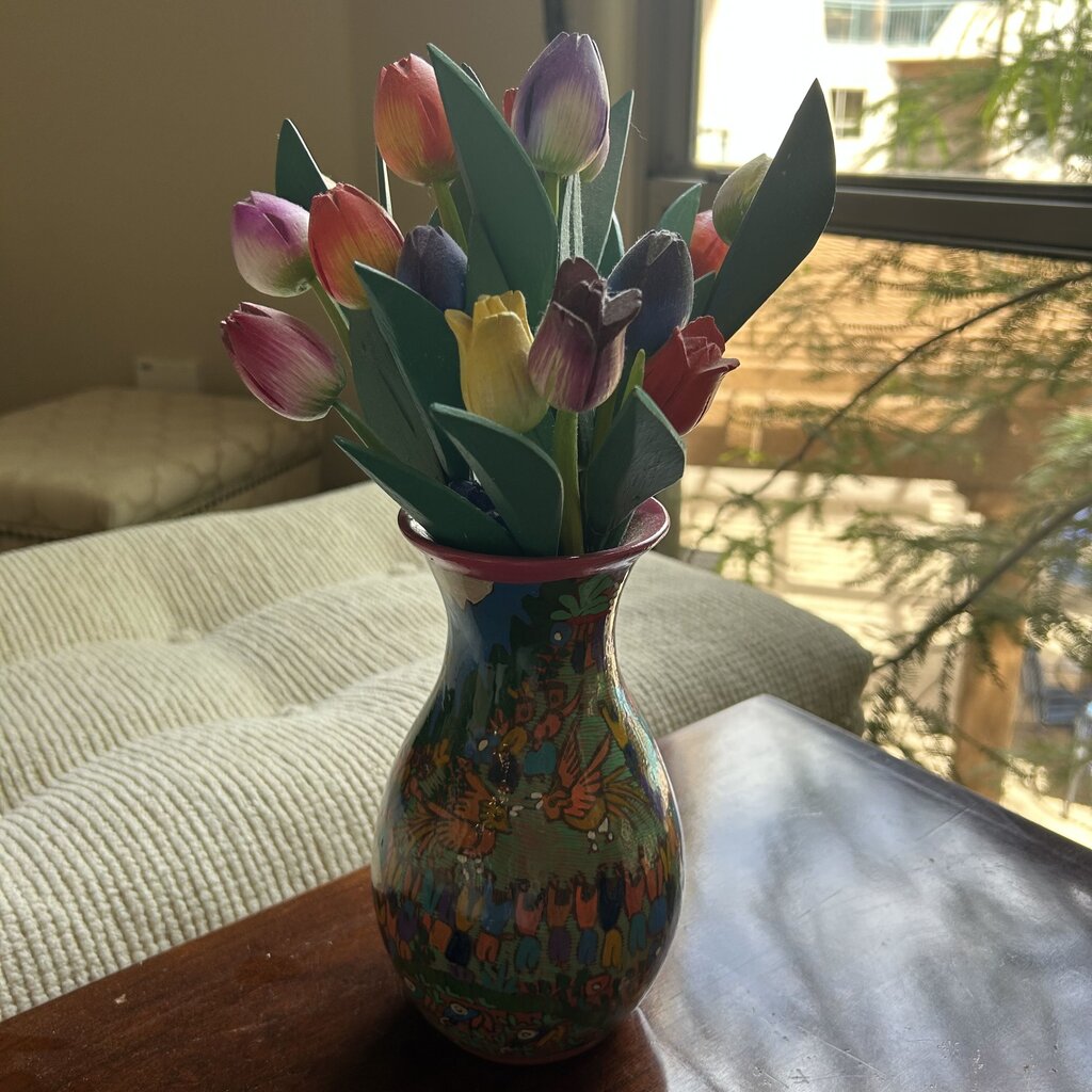 Mexican Glazed Vase W/ Wood Flowers- 4.5X13H