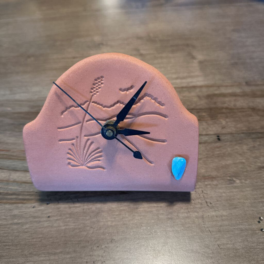 Small Terra Cotta Desk Clock W/ Turquoise- 4.5X4H