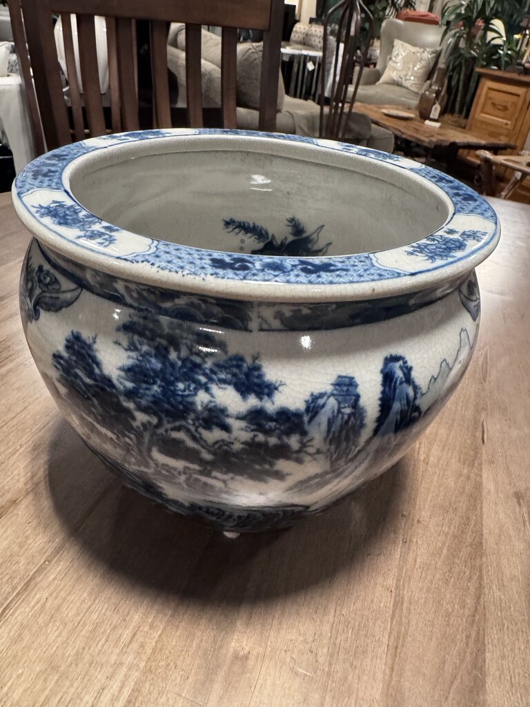 Vintage Blue & Cream Chinoiserie Pot- 8.5X6.5