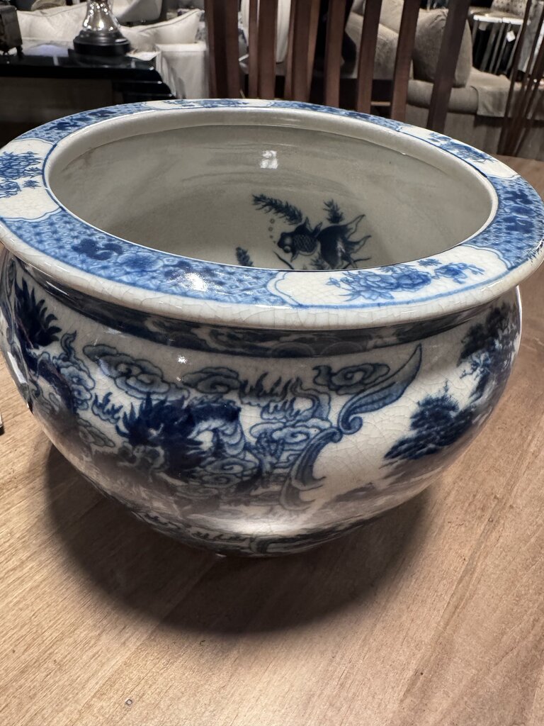 Vintage Blue & Cream Chinoiserie Pot- 8.5X6.5