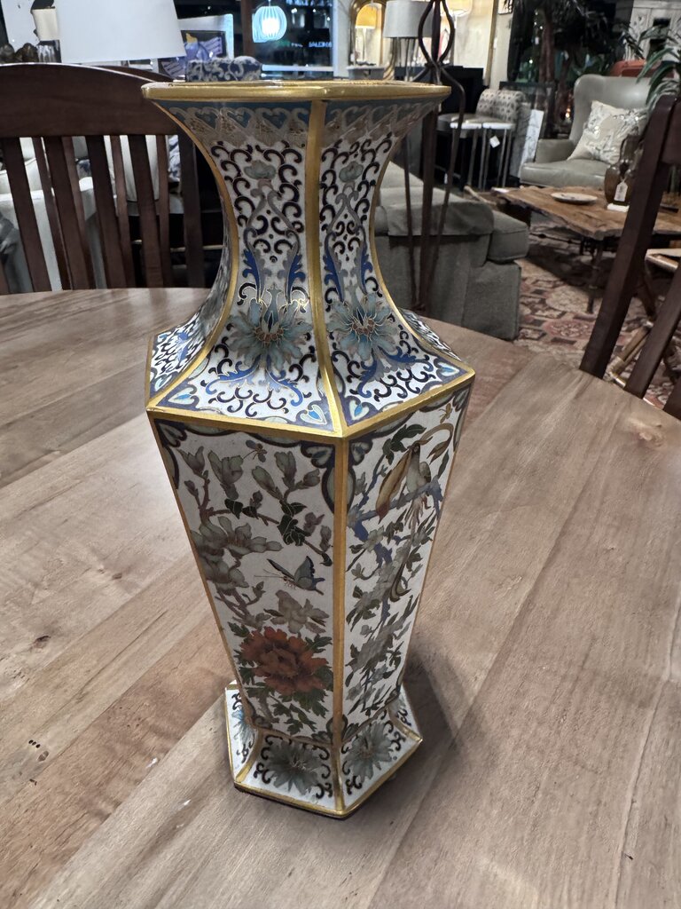 Antique Flower Cloisonne Brass Asian Vase- 5X12H
